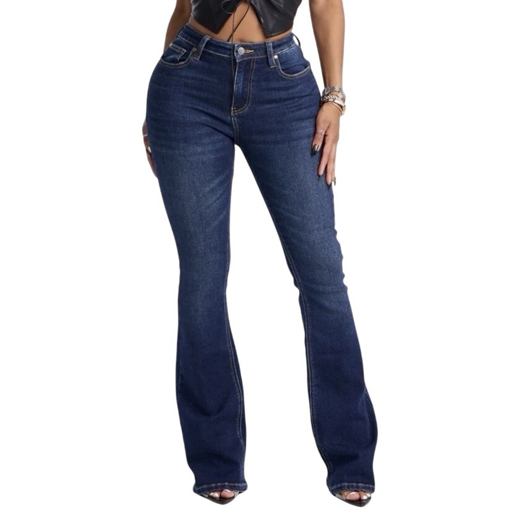 Fashion Nova Kenny Mid Rise Flare Denim Jeans Dark Wash Size 5 Womens
